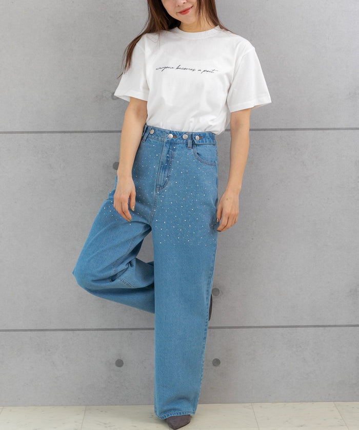ラインストーン付き ハイウエスト ワイドデニムパンツ(M,L)80021