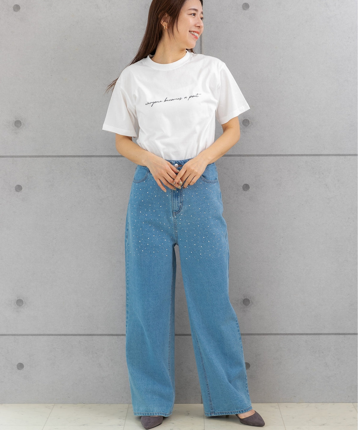 ラインストーン付き ハイウエスト ワイドデニムパンツ(M,L)80021