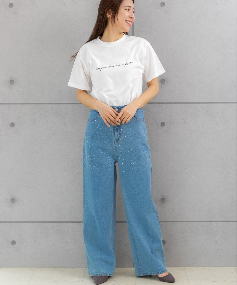 ラインストーン付き ハイウエスト ワイドデニムパンツ(M,L)80021