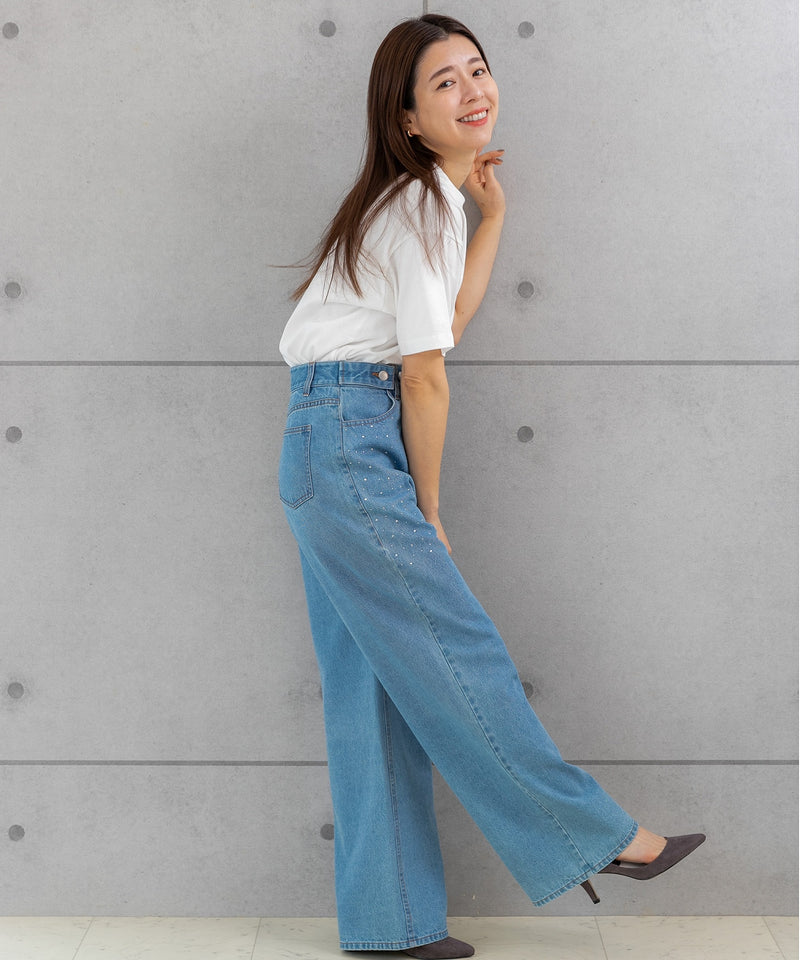 ラインストーン付き ハイウエスト ワイドデニムパンツ(M,L)80021