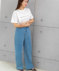 ラインストーン付き ハイウエスト ワイドデニムパンツ(M,L)80021