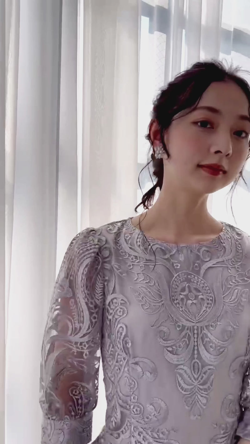 ランタンスリーブ刺繍レース  バックリボン 結婚式 パーティー タイトドレス (S,M,L,XL)50123